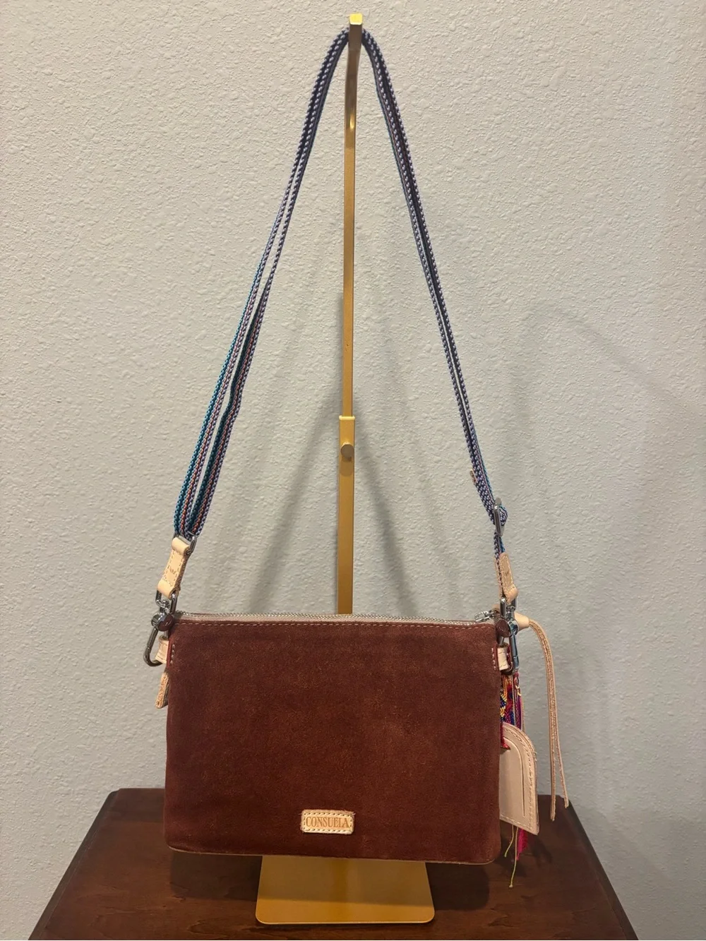 Consuela Brown Suede Embroidered Floral Crossbody Shoulder Bag Adjustable Strap